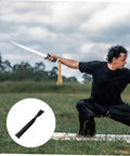 Man practicing with sword, inset shows Protective Black Cotton Cloth Japanese Carrying Bag For Safe Transport And Display, 39.37 Inch By 5.11 Inch Storage Pouch, Lightweight Durable Cover With Premium Protection.