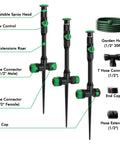 Flexible Sprinkler System With Metal Spike Base, Above Ground DIY Irrigation Kit with 5" risers and 30Ft hose, detailed components