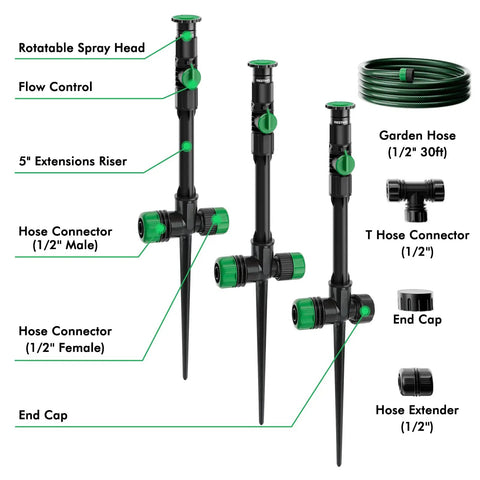 Flexible Sprinkler System With Metal Spike Base, Above Ground DIY Irrigation Kit with 5" risers and 30Ft hose, detailed components