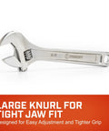 10 Inch Adjustable Wrench With Large Knurl And Hex Jaw, Chrome Plated To Resist Rust And Corrosion shown on white background