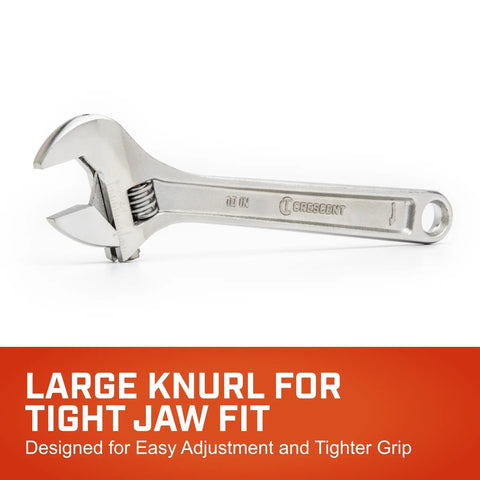 10 Inch Adjustable Wrench With Large Knurl And Hex Jaw, Chrome Plated To Resist Rust And Corrosion shown on white background