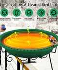 Built Different 100W Heated Bird Bath For Deck Railing With Smart Thermostat in winter, showcasing heated water and birds.