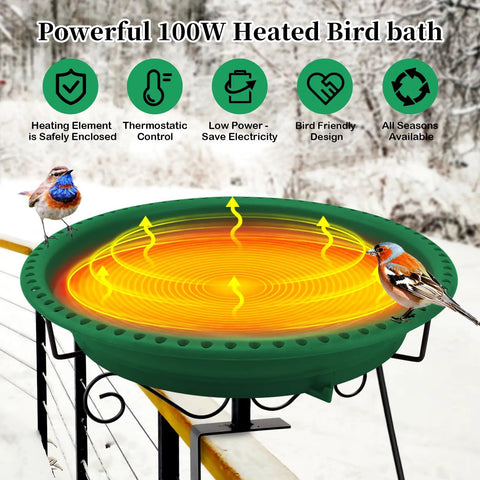 Built Different 100W Heated Bird Bath For Deck Railing With Smart Thermostat in winter, showcasing heated water and birds.