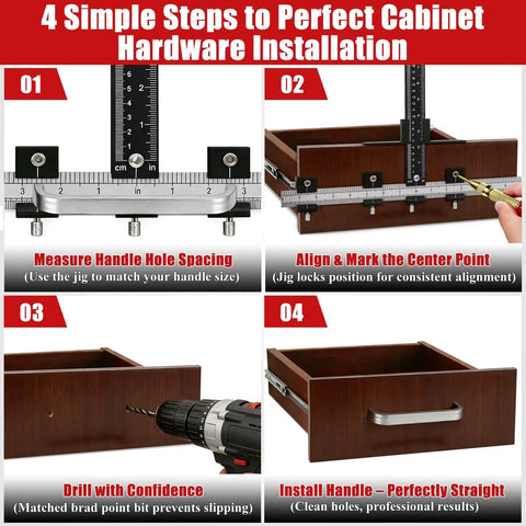 Dead Center Cabinet Hardware Jig With Built Tough Aluminum Template And Laser Etched Scales For Zero Sweat Drawer Pull Alignment, installation steps.