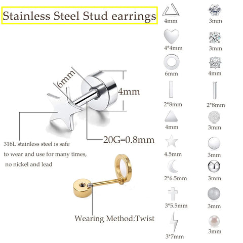 18 Pairs Tiny Cartilage Stud Earrings For Women And Men, Star Moon Heart Disc Ball CZ, Flat Back Screw Back Earrings, Stainless Steel Geometric Barbell Piercing Set, Silvery Finish, Everyday Sparkle For All Ear Piercings. 316L stainless steel stud earrings, 20G, 3-6mm shapes.