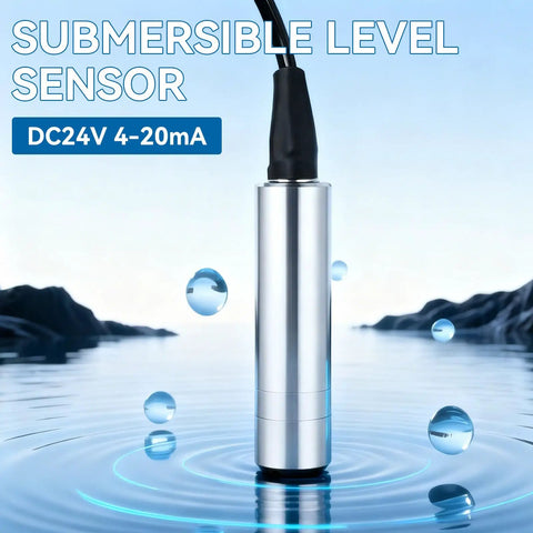 Submersible Water Level Sensor With 4 To 20mA Output DC24V 316L Stainless Steel Level Transmitter shown in water with cable