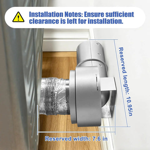 Magnetic Dryer Vent Coupler With 90 Degree Elbow Kit installed with clearance measurements for secure fit