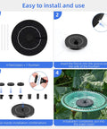 Installation guide for Bird Bath Fountain Kit With Six Nozzle Modes And Fixed Pipes, Upgraded 3.5W Solar Pump for garden use.