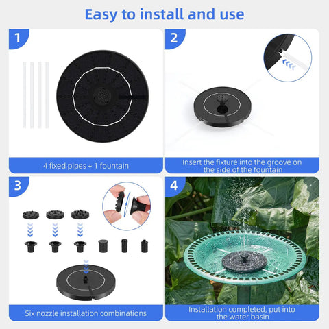 Installation guide for Bird Bath Fountain Kit With Six Nozzle Modes And Fixed Pipes, Upgraded 3.5W Solar Pump for garden use.