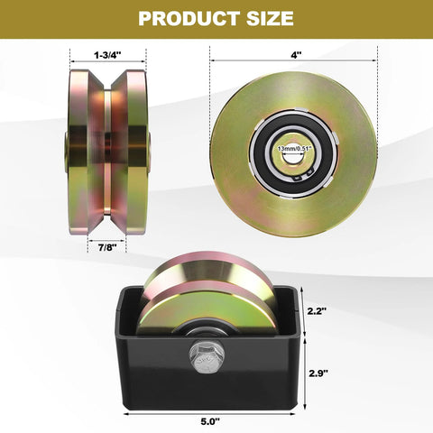 4 Inch Sliding Gate Rollers Wheel 2 Pack With V Groove And Welded Bracket in metal, showing size dimensions and construction