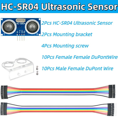 HC-SR04 Ultrasonic Sensor Module 2 Pack with Mounting Brackets, wires, and screws visible against a white background.