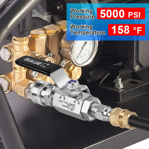 High Pressure Washer Ball Valve Kit With 5000 PSI Capacity attached to power washer, stainless steel, showing 3/8 inch quick connect.