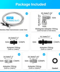 Package contents of Beefed Up Heavy Duty Stainless Braided Transmission Cooler Line Kit 70 Inch 6AN, including fittings and lines.