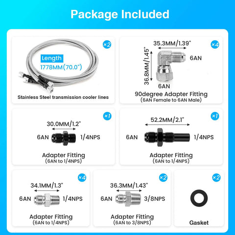 Package contents of Beefed Up Heavy Duty Stainless Braided Transmission Cooler Line Kit 70 Inch 6AN, including fittings and lines.