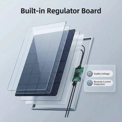Cutaway view of Outdoor Solar Panel Charger For Security Cameras, 3W USB C And Micro USB Ports with built-in safety chip