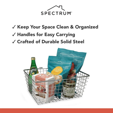 Large Metal Wire Storage Basket With Handle For Kitchen Pantry Closet Garage And Laundry Room Must Have Heavy Duty Open Wire Bin Sturdy Steel Construction Easy Viewing Multi Room Organization Durable Shelving Organizer with snacks and drinks inside.