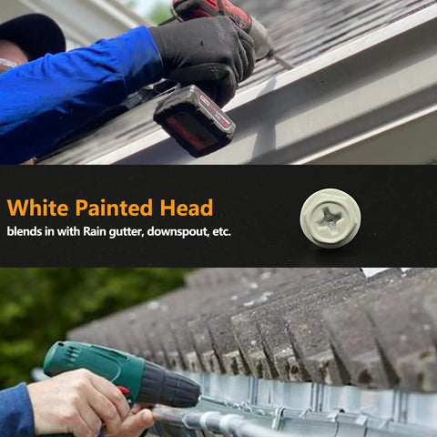 Built Tough Self Tapping Gutter Screws With White Painted Hex Heads And Corrosion Resistant Zinc Plating For No Sweat Downspout Repairs in use.