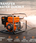 Gas Powered 2 Inch Semi Trash Pump With 212cc 4 Cycle Engine, 141 GPM Flow, 100 Ft Lift, 23 Ft Suction, Great For Pool And Pond Draining