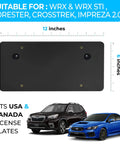 Zero Hassle License Plate Bracket Adapter Kit For Subaru WRX STI Forester Crosstrek Impreza 2012 To 2023 shown with dimensions, fits USA & Canada plates.