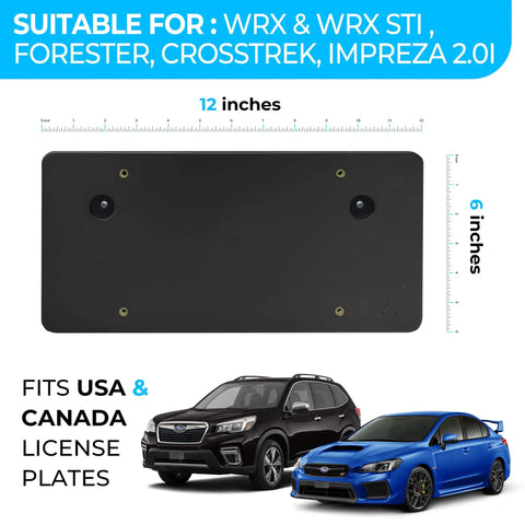 Zero Hassle License Plate Bracket Adapter Kit For Subaru WRX STI Forester Crosstrek Impreza 2012 To 2023 shown with dimensions, fits USA & Canada plates.