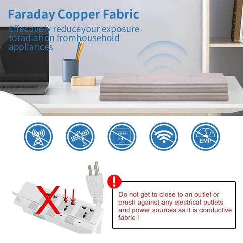 Faraday Shielding Fabric For RFID And WiFi Blocker, Copper Nickel EMF Shielding Material on desk, electrical safety warning.
