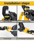 Installation steps for Hydraulic Crimp Tool 5 To 8 Ton Pliers For Cable Lug Crimping 4 To 70 Mm2 DIY Home Use shown in four images.