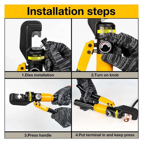Installation steps for Hydraulic Crimp Tool 5 To 8 Ton Pliers For Cable Lug Crimping 4 To 70 Mm2 DIY Home Use shown in four images.