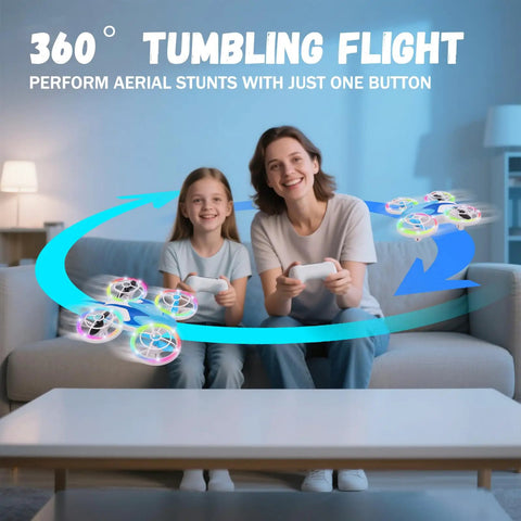Mother and child using a remote to control Kids Mini Drone For Newbies With Headless Mode And Altitude Hold Colorful LED Neon Lights Full Propeller Guards 2 Batteries And Remote Control Safe Durable Quadcopter Gift For Boys And Girls Blue.