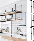 Heavy Duty Ceiling Mount Shelf Bracket With Rock Solid Metal U Shape Design And Included Hardware For Ultimate Kitchen And Garage Storage Solutions That Are Built Tough, black steel frame with wooden shelves.