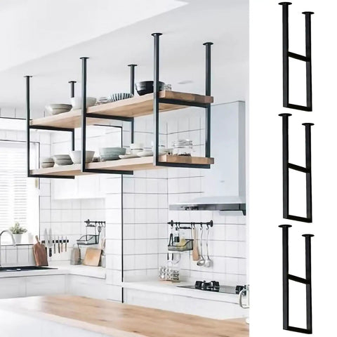 Heavy Duty Ceiling Mount Shelf Bracket With Rock Solid Metal U Shape Design And Included Hardware For Ultimate Kitchen And Garage Storage Solutions That Are Built Tough, black steel frame with wooden shelves.