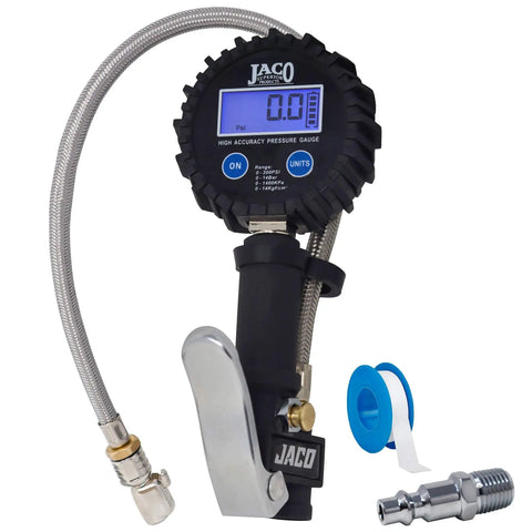 FlowPro Digital Tire Inflator With Pressure Gauge 200 PSI, LCD Display, Steel Body, Braided Hose, Auto Off, JACO brand visible