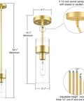 Modern Brass Pendant Light Over Kitchen Island With Clear Glass Shade, Industrial Metal Ceiling Fixture detailing dimensions and rods