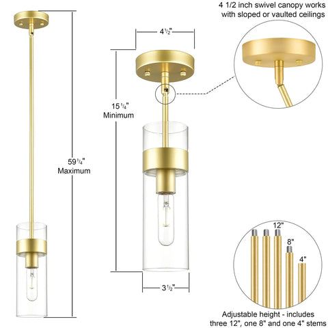 Modern Brass Pendant Light Over Kitchen Island With Clear Glass Shade, Industrial Metal Ceiling Fixture detailing dimensions and rods