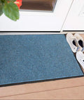 Heavy Duty Industrial Door Mat 3x10 Large Entrance Rug for Businesses and Lobbies, Slate Blue Brush Step 109S0310BU at doorway with shoes