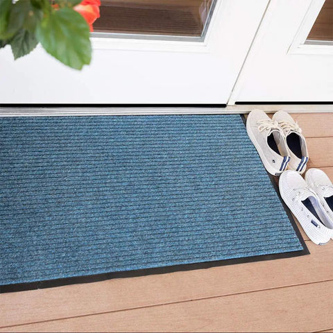 Heavy Duty Industrial Door Mat 3x10 Large Entrance Rug for Businesses and Lobbies, Slate Blue Brush Step 109S0310BU at doorway with shoes