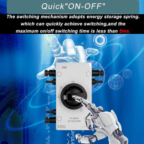 Dual 32 Amp DC Quick Disconnect Solar Isolator Switch With 64 Amp Max IP66 1000V for two circuits, robotic hand activating switch