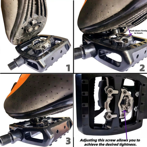 Close-up of shoe engaging with 3-In-1 SPD Clipless And Toe Clip Bike Pedals For Indoor Cycling, CNC Machined Aluminum Alloy Body.