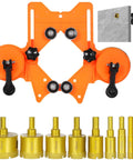 Get These 12 Piece Abrasive Hole Saw Kits With 10 Sizes Drill Bits For Ceramic And Glass. Adjustable Suction Cup Guide Jig Fixture Helps Nail Accurate Holes On Marble, Tile Or Granite. Perfect Wet And Dry Tool To Make Tough DIY Jobs Way Easier Without. orange tile drilling jig with 10 diamond bits, suction cups, and screwdriver for marble and glass