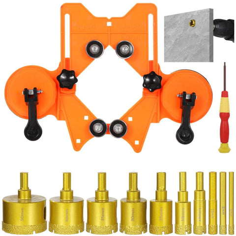 Get These 12 Piece Abrasive Hole Saw Kits With 10 Sizes Drill Bits For Ceramic And Glass. Adjustable Suction Cup Guide Jig Fixture Helps Nail Accurate Holes On Marble, Tile Or Granite. Perfect Wet And Dry Tool To Make Tough DIY Jobs Way Easier Without. orange tile drilling jig with 10 diamond bits, suction cups, and screwdriver for marble and glass