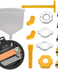 Universal Spill Proof Coolant Fill Funnel Kit With Complete Adapter Set For All Vehicles showing funnel, adapters and tools.