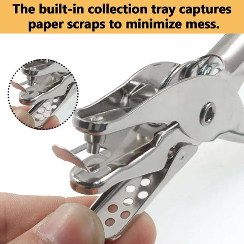 Close-up of Two Piece Hole Puncher Set with metal build and waste tray, showing 1/8 inch and 1/4 inch circle punches for paper crafting.