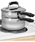 Premium Stainless Steel 3-Piece 3-Quart Sauce Pan Set With Lid, Steamer And Double Boiler Insert on stovetop