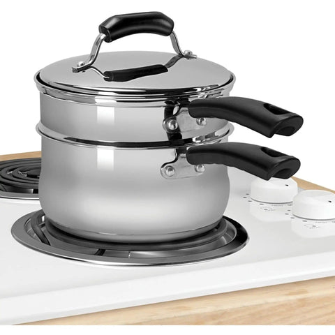 Premium Stainless Steel 3-Piece 3-Quart Sauce Pan Set With Lid, Steamer And Double Boiler Insert on stovetop