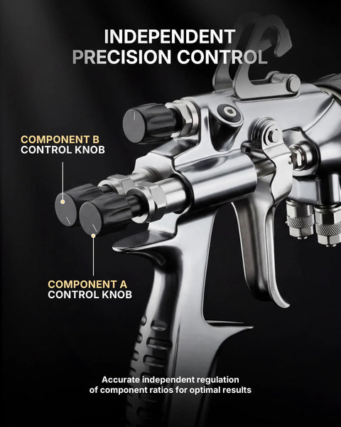 Straight Up Precision Two Component Hvlp Spray Gun One To One Mixing For Lab And Diy Work Compatible With Pressurized Paint Cans showing control knobs for precise mixing.
