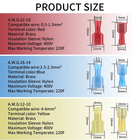 Product size chart of Premium 120 Piece Spade Connectors Kit With Nylon Fully Insulated Quick Disconnect Terminals 22 To 10 Gauge Male And Female Spade Terminals Auto And Electronics Wire Connectors Assortment For Easy Insulation