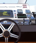 Boat dashboard featuring Beefy Eight Gang Waterproof Marine Rocker Switch Panel With Dual USB Ports And Cigarette Lighter LED Display.