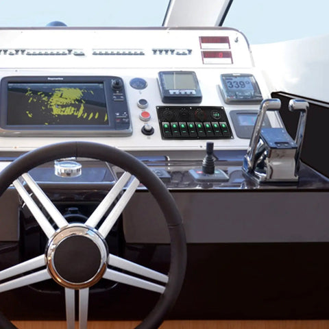 Boat dashboard featuring Beefy Eight Gang Waterproof Marine Rocker Switch Panel With Dual USB Ports And Cigarette Lighter LED Display.