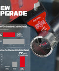 Pro Level Carbide Oscillating Multi Tool Blades With TiCN Coating shown cutting metal pipe, speed and lifetime comparison chart.