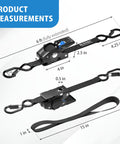 Heavy Duty Auto Retractable Ratchet Straps 4 Pack, 1 Inch Wide By 6 Feet Long, 1500 Lb Break Strength with dimensions shown
