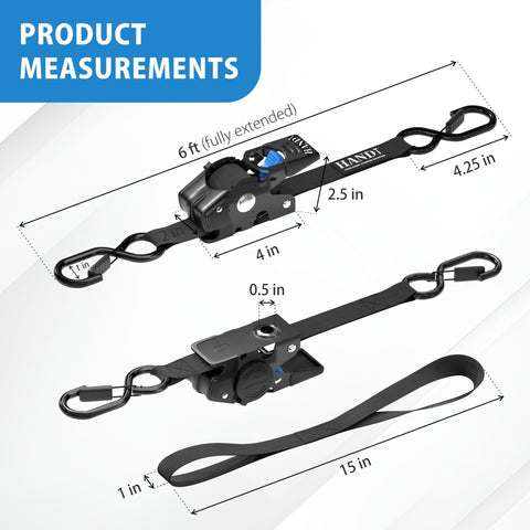Heavy Duty Auto Retractable Ratchet Straps 4 Pack, 1 Inch Wide By 6 Feet Long, 1500 Lb Break Strength with dimensions shown